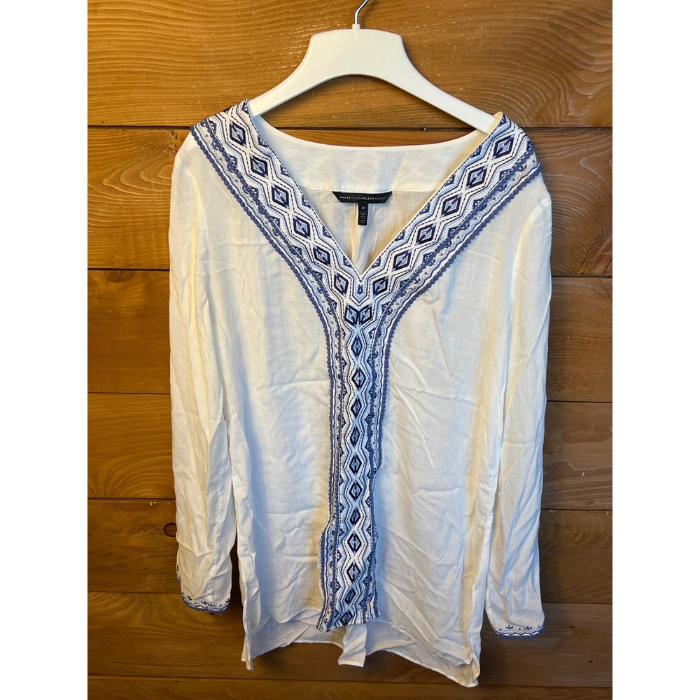 White House Black Market Embroidered V Neck Long Sleeve BOHO Tunic Top Womens 10